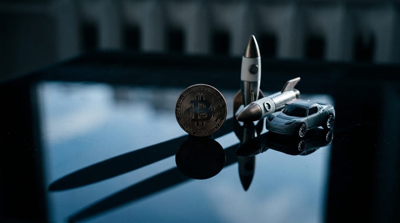 A physical bitcoin coin rests on a glossy black surface beside a miniature rocket model and a small electric toy car, all bathed in cool blue-tinted studio light that casts long dramatic