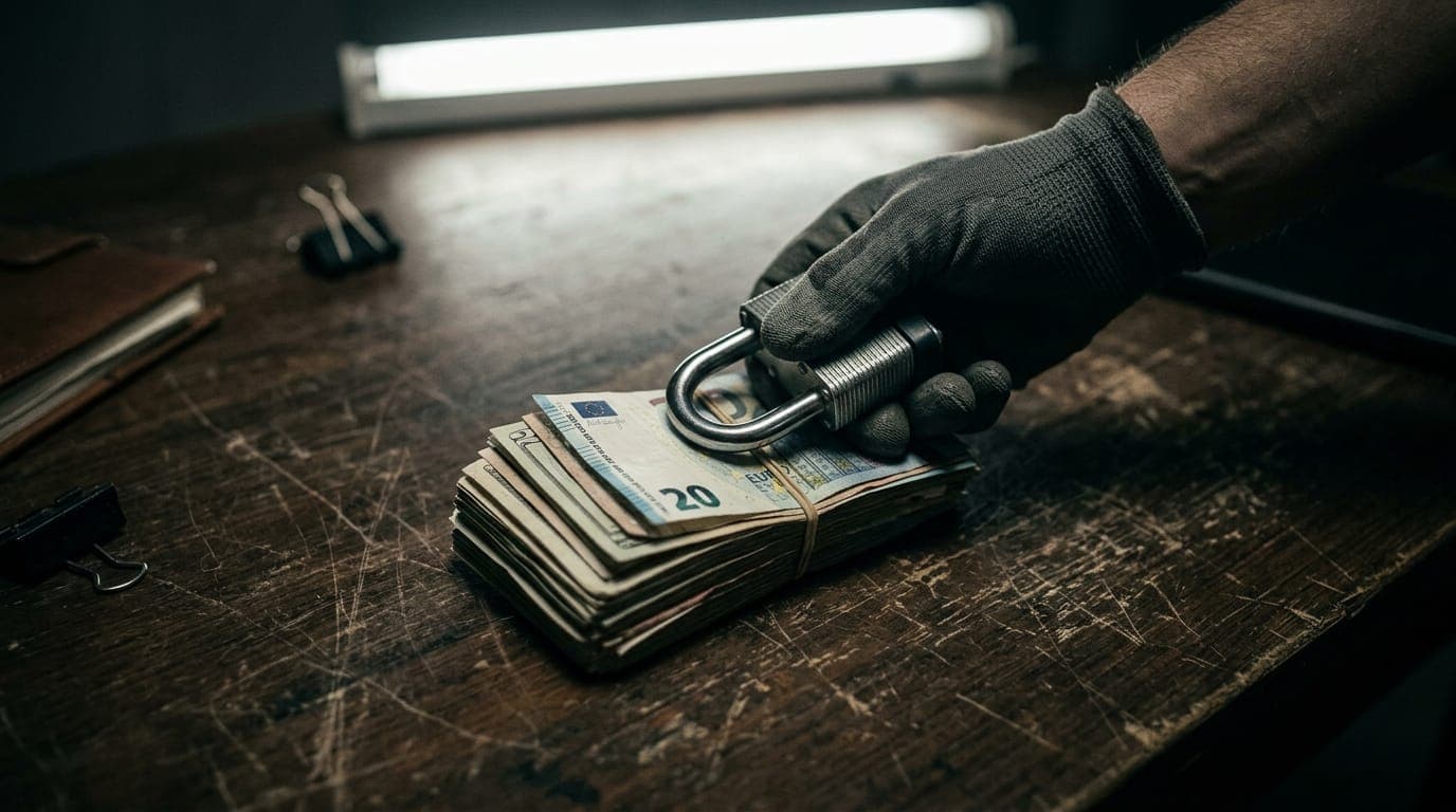 A gloved hand holds a thick steel padlock clamped shut over a bundle of crisp banknotes on a worn wooden table, lit by a single harsh overhead fluorescent light casting sharp shadows across