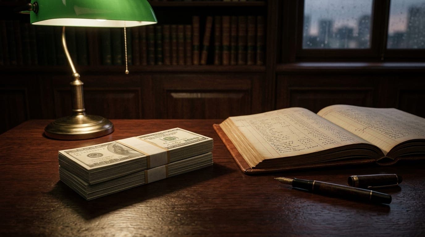 A thick stack of crisp hundred-dollar bills sits on a mahogany desk beside an open leather-bound ledger and an uncapped fountain pen, bathed in the cold, raking light of a single banker's