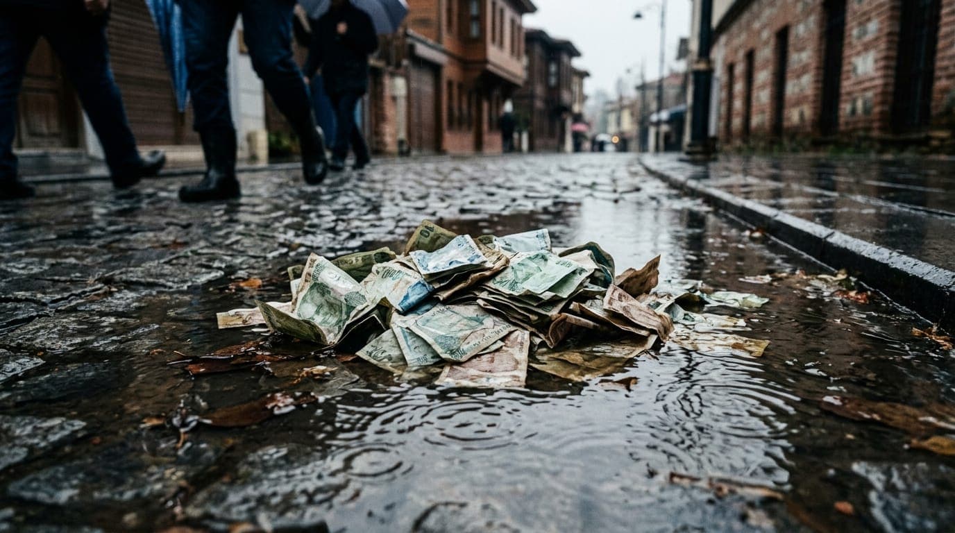 A Turkish lira banknote pile sits crumpled and half-submerged in a shallow puddle on a wet Istanbul cobblestone street, the distorted reflection of a gray overcast sky rippling across the