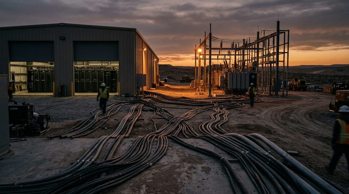 A vast industrial mining facility stretches into the desert horizon at dusk, its rows of humming server racks visible through open warehouse doors while thick power cables snake across a